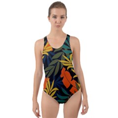 Fashionable Seamless Tropical Pattern With Bright Green Blue Plants Leaves Cut-out Back One Piece Swimsuit by Nexatart