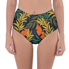 Fashionable Seamless Tropical Pattern With Bright Green Blue Plants Leaves Reversible High-waist Bikini Bottoms by Nexatart