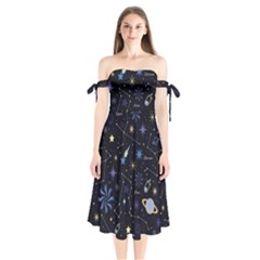 Starry Night  Space Constellations  Stars  Galaxy  Universe Graphic  Illustration Shoulder Tie Bardot Midi Dress by Nexatart