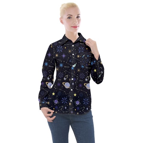 Starry Night  Space Constellations  Stars  Galaxy  Universe Graphic  Illustration Women s Long Sleeve Pocket Shirt by Nexatart
