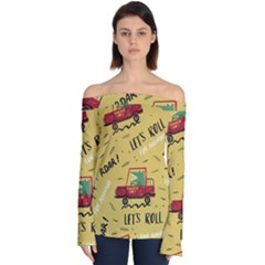 Childish Seamless Pattern With Dino Driver Off Shoulder Long Sleeve Top by Vaneshart