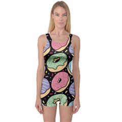 Colorful Donut Seamless Pattern On Black Vector One Piece Boyleg Swimsuit by Sobalvarro