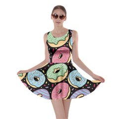 Colorful Donut Seamless Pattern On Black Vector Skater Dress by Sobalvarro
