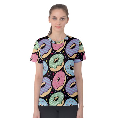 Colorful Donut Seamless Pattern On Black Vector Women s Cotton Tee by Sobalvarro