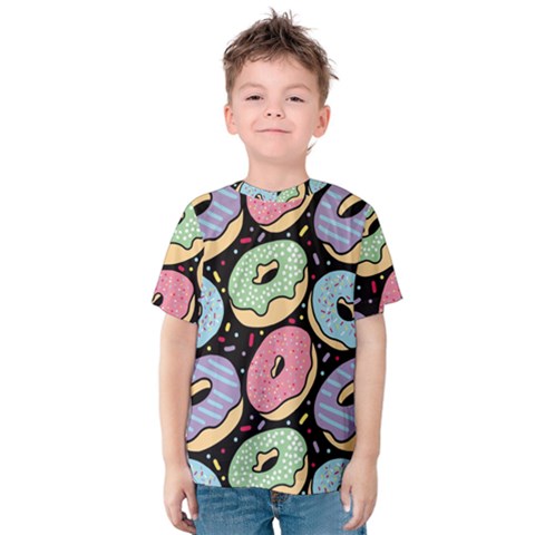 Colorful Donut Seamless Pattern On Black Vector Kids  Cotton Tee by Sobalvarro