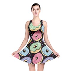 Colorful Donut Seamless Pattern On Black Vector Reversible Skater Dress by Sobalvarro