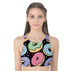 Colorful Donut Seamless Pattern On Black Vector Tank Bikini Top by Sobalvarro