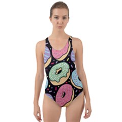 Colorful Donut Seamless Pattern On Black Vector Cut-out Back One Piece Swimsuit by Sobalvarro