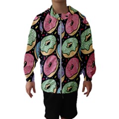 Colorful Donut Seamless Pattern On Black Vector Kids  Hooded Windbreaker by Sobalvarro