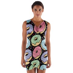 Colorful Donut Seamless Pattern On Black Vector Wrap Front Bodycon Dress by Sobalvarro