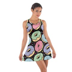 Colorful Donut Seamless Pattern On Black Vector Cotton Racerback Dress by Sobalvarro