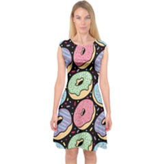 Colorful Donut Seamless Pattern On Black Vector Capsleeve Midi Dress by Sobalvarro