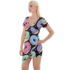 Colorful Donut Seamless Pattern On Black Vector Short Sleeve Asymmetric Mini Dress by Sobalvarro