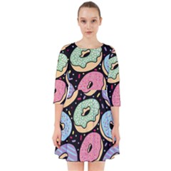 Colorful Donut Seamless Pattern On Black Vector Smock Dress by Sobalvarro