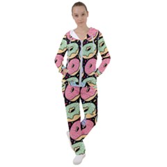 Colorful Donut Seamless Pattern On Black Vector Women s Tracksuit by Sobalvarro