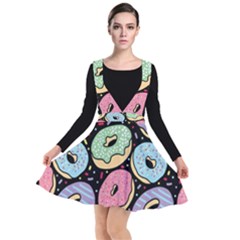 Colorful Donut Seamless Pattern On Black Vector Plunge Pinafore Dress by Sobalvarro