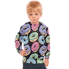Colorful Donut Seamless Pattern On Black Vector Kids  Hooded Pullover by Sobalvarro