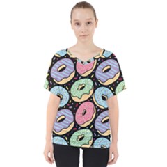 Colorful Donut Seamless Pattern On Black Vector V-neck Dolman Drape Top by Sobalvarro