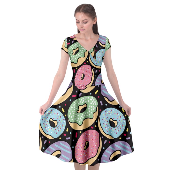 Colorful Donut Seamless Pattern On Black Vector Cap Sleeve Wrap Front Dress