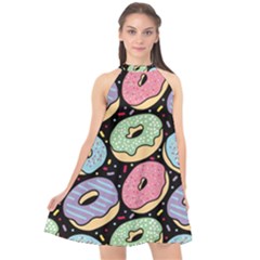 Colorful Donut Seamless Pattern On Black Vector Halter Neckline Chiffon Dress  by Sobalvarro