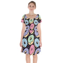 Colorful Donut Seamless Pattern On Black Vector Short Sleeve Bardot Dress by Sobalvarro