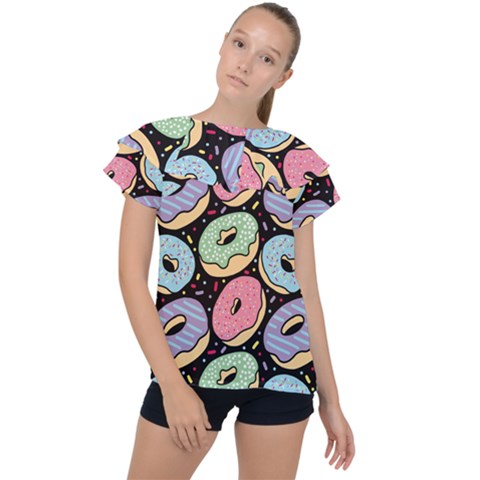 Colorful Donut Seamless Pattern On Black Vector Ruffle Collar Chiffon Blouse by Sobalvarro