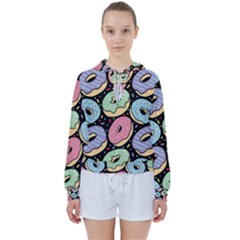 Colorful Donut Seamless Pattern On Black Vector Women s Tie Up Sweat by Sobalvarro