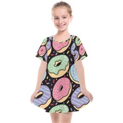 Colorful Donut Seamless Pattern On Black Vector Kids  Smock Dress by Sobalvarro