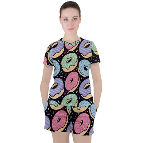 Colorful Donut Seamless Pattern On Black Vector Women s Tee And Shorts Set by Sobalvarro