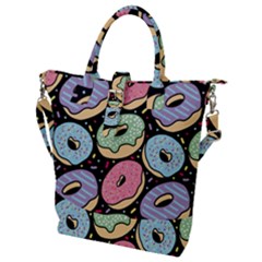 Colorful Donut Seamless Pattern On Black Vector Buckle Top Tote Bag by Sobalvarro