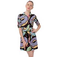 Colorful Donut Seamless Pattern On Black Vector Belted Shirt Dress by Sobalvarro
