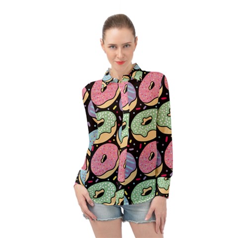 Colorful Donut Seamless Pattern On Black Vector Long Sleeve Chiffon Shirt by Sobalvarro