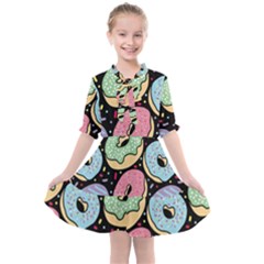 Colorful Donut Seamless Pattern On Black Vector Kids  All Frills Chiffon Dress by Sobalvarro