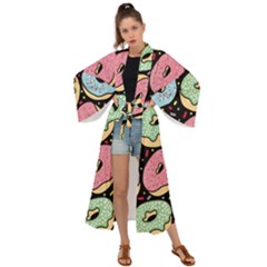Colorful Donut Seamless Pattern On Black Vector Maxi Kimono by Sobalvarro
