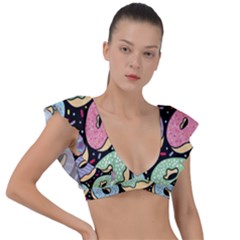 Colorful Donut Seamless Pattern On Black Vector Plunge Frill Sleeve Bikini Top by Sobalvarro