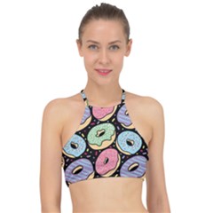 Colorful Donut Seamless Pattern On Black Vector Racer Front Bikini Top by Sobalvarro