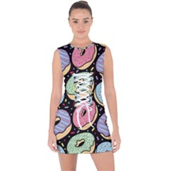 Colorful Donut Seamless Pattern On Black Vector Lace Up Front Bodycon Dress by Sobalvarro