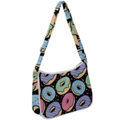 Colorful Donut Seamless Pattern On Black Vector Zip Up Shoulder Bag by Sobalvarro