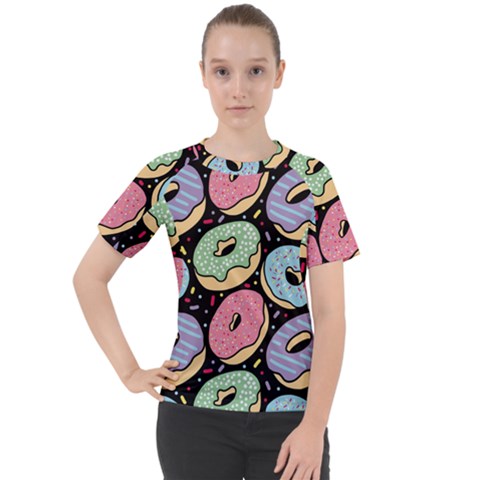Colorful Donut Seamless Pattern On Black Vector Women s Sport Raglan Tee by Sobalvarro