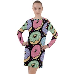 Colorful Donut Seamless Pattern On Black Vector Long Sleeve Hoodie Dress by Sobalvarro