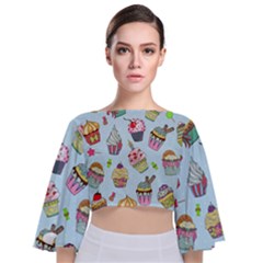 Cupcake Doodle Pattern Tie Back Butterfly Sleeve Chiffon Top by Sobalvarro