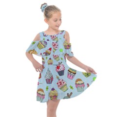 Cupcake Doodle Pattern Kids  Shoulder Cutout Chiffon Dress by Sobalvarro