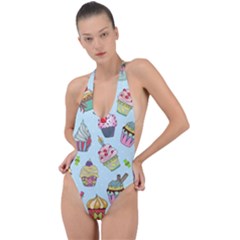 Cupcake Doodle Pattern Backless Halter One Piece Swimsuit by Sobalvarro