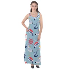 Nautical Marine Symbols Seamless Pattern Sleeveless Velour Maxi Dress by Wegoenart