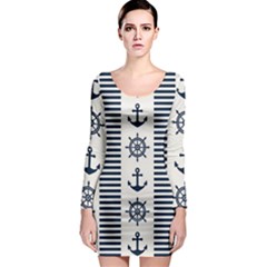 Nautical Seamless Pattern Vector Illustration Long Sleeve Bodycon Dress by Wegoenart
