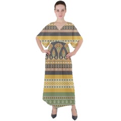 Seamless Pattern Egyptian Ornament With Lotus Flower V-neck Boho Style Maxi Dress by Wegoenart