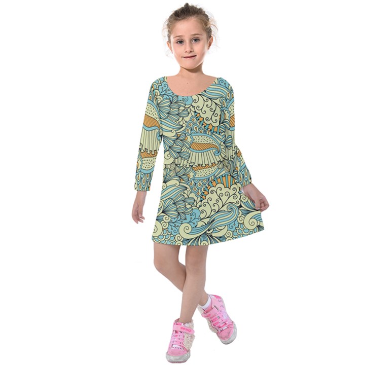 Light Colors Ethnic Decorative Pattern Batik Kids  Long Sleeve Velvet Dress