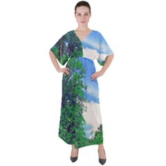 The Deep Blue Sky V-neck Boho Style Maxi Dress by Fractalsandkaleidoscopes