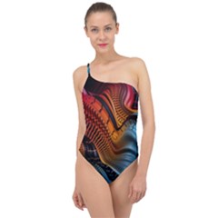 3d Rainbow Choas Classic One Shoulder Swimsuit by Sparkle