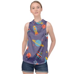 Space Seamless Pattern High Neck Satin Top by Vaneshart
